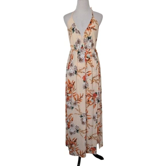 Simplee Floral Halter Maxi Dress Womens Size Medium Orange V Neck Open Back NEW - Picture 2 of 11